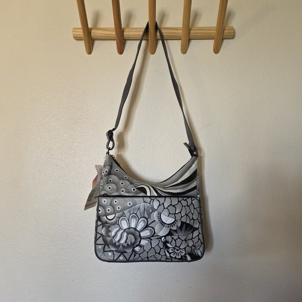 Anuschka Hand Painted Leather Hobo Bag Pewter Floral Patchwork Art NWT - Picture 4 of 16
